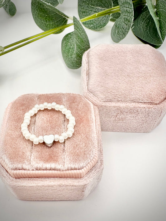 Pearl 3mm Seed Beaded Stretch Ring with Silver-Plated Heart Bead - Perfect For Stacking