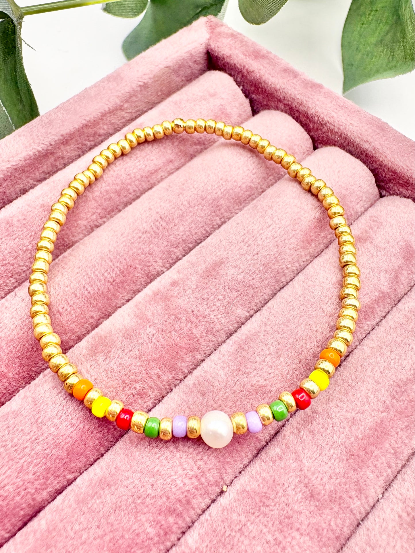Colourful Seed Bead & Freshwater Pearl Bracelet - Gold