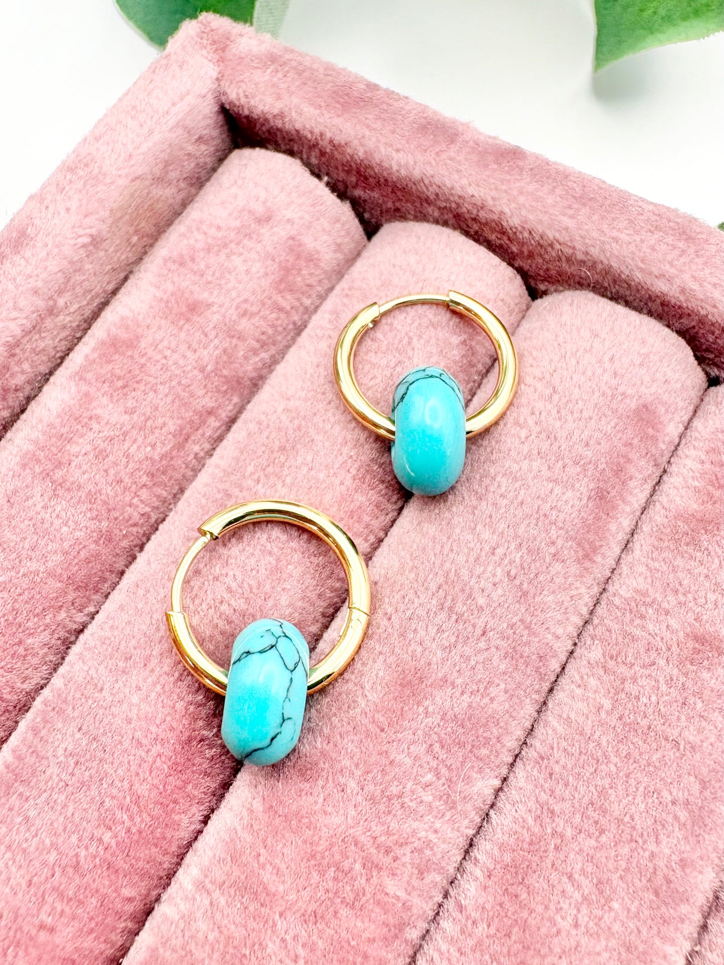 Turquoise Howlite Huggie Hoop Earrings - Stainless Steel