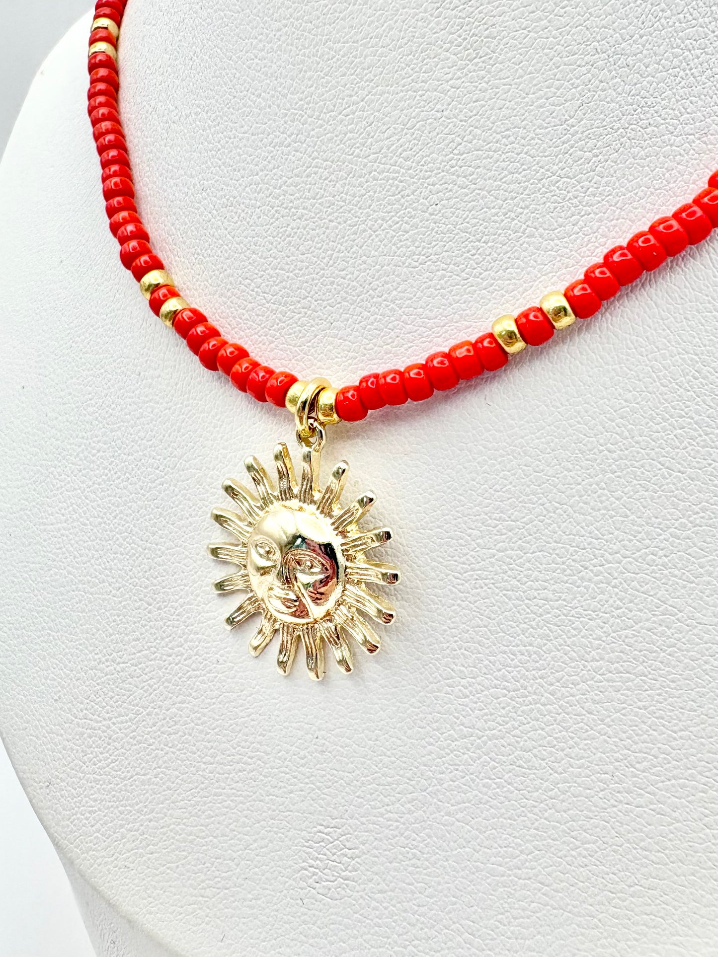 Seed Bead & Sunshine Pendant Necklace - Turquoise or Red