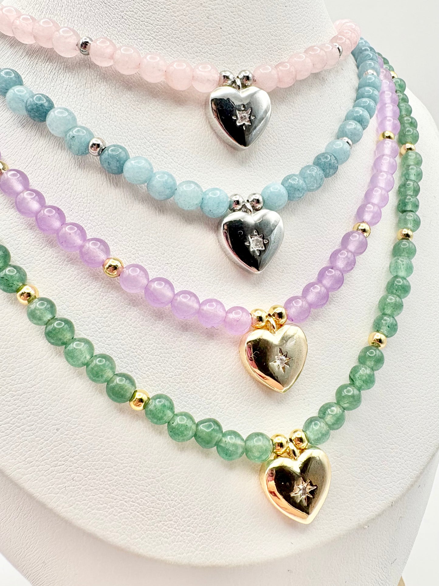 Pastel Gemstone & Vintage Heart Charm Necklace - Various Colours
