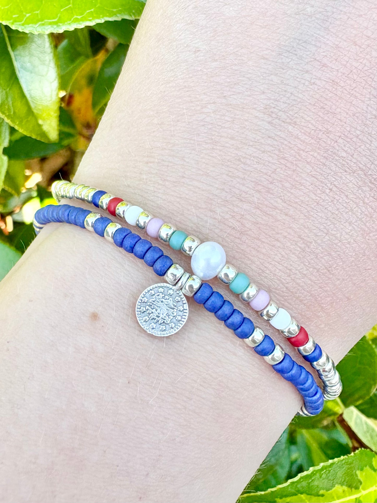 Boho Coin Seed Bead Bracelet - Navy, Pink, Sage
