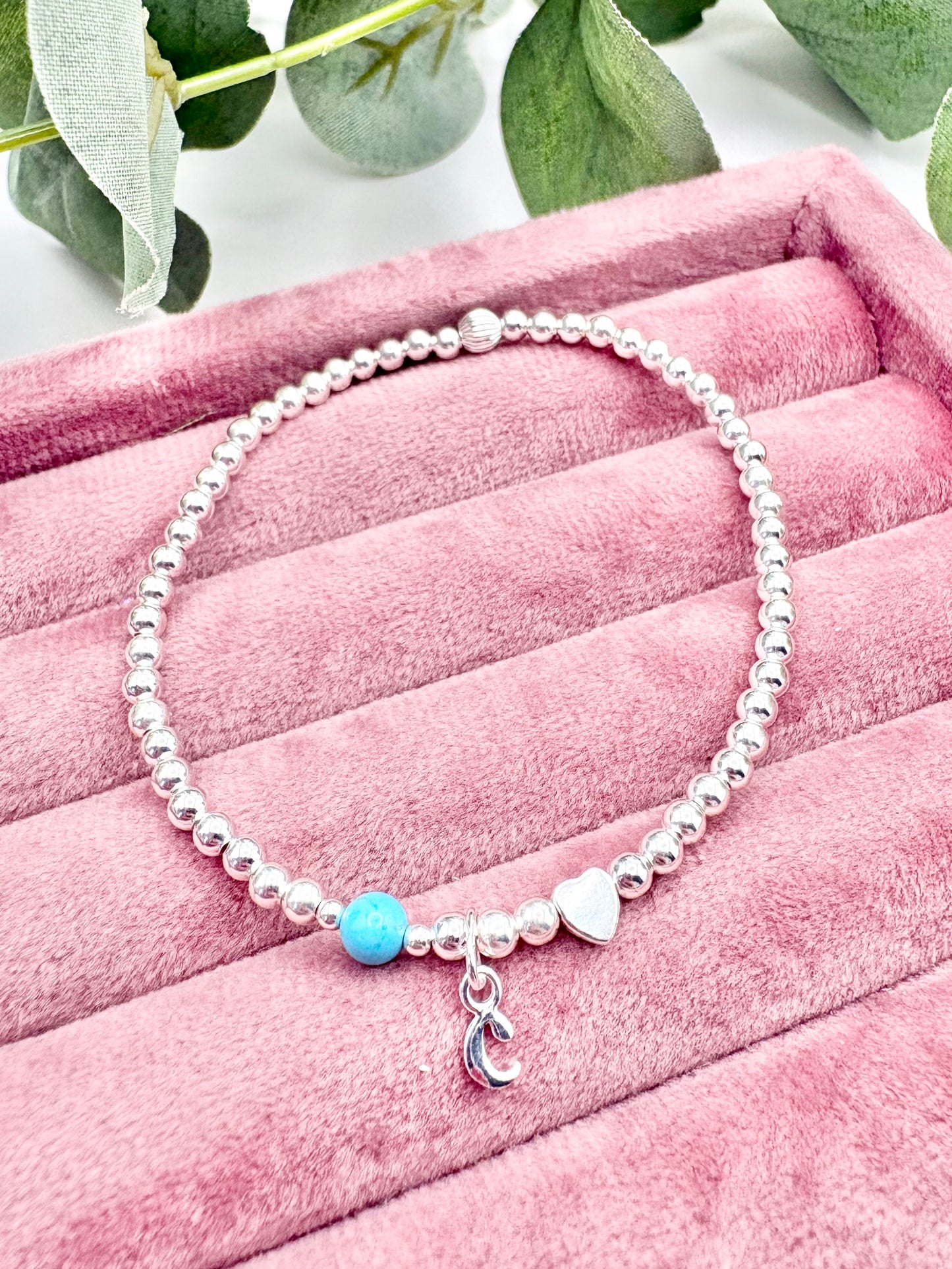Initial, Birthstone and Charm Beaded Bracelet - Sterling Silver