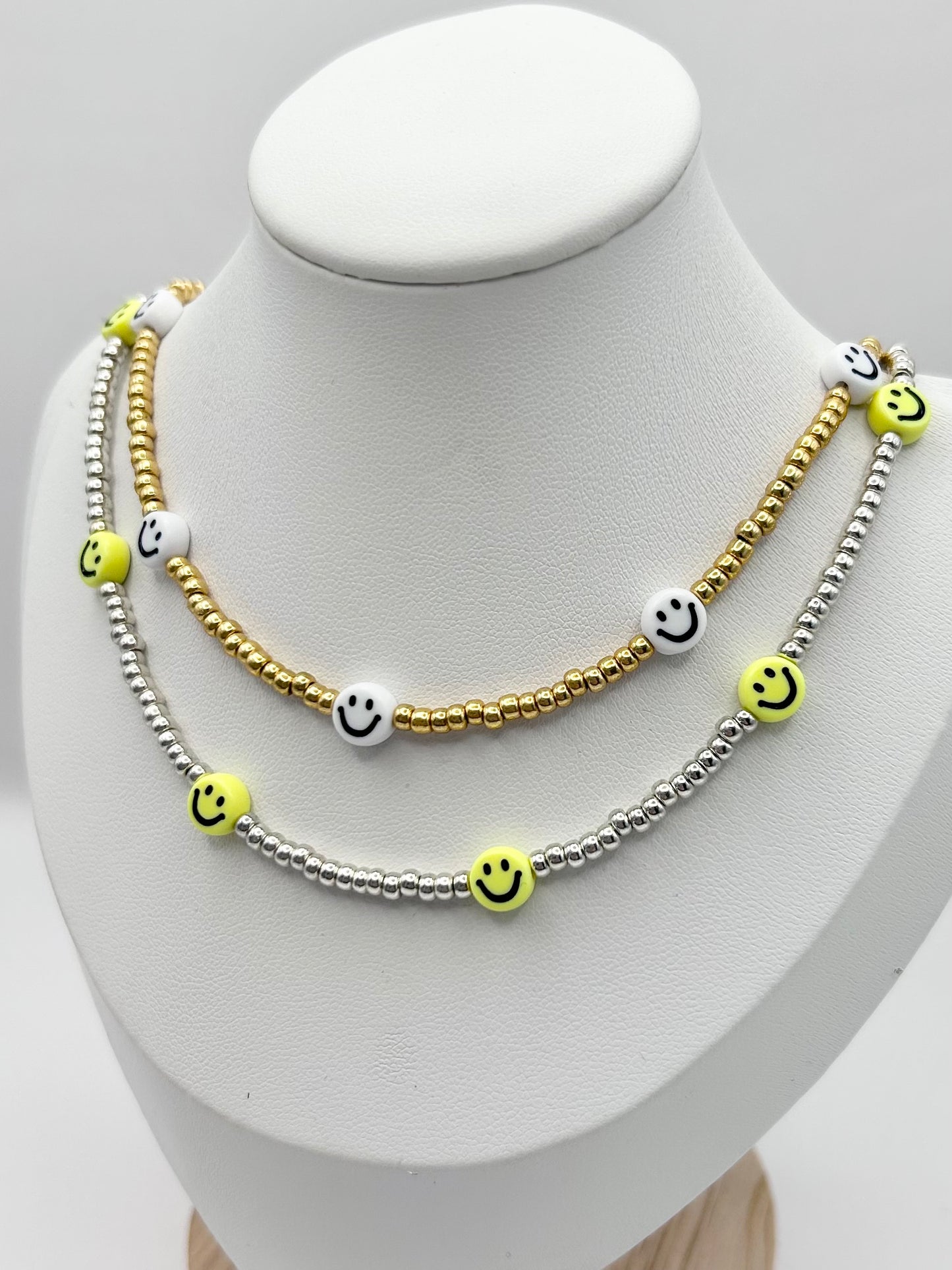 Smiley Face Seed Bead Necklace Silver or Gold-Plated
