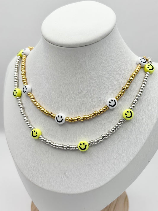 Smiley Face Seed Bead Necklace Silver or Gold-Plated
