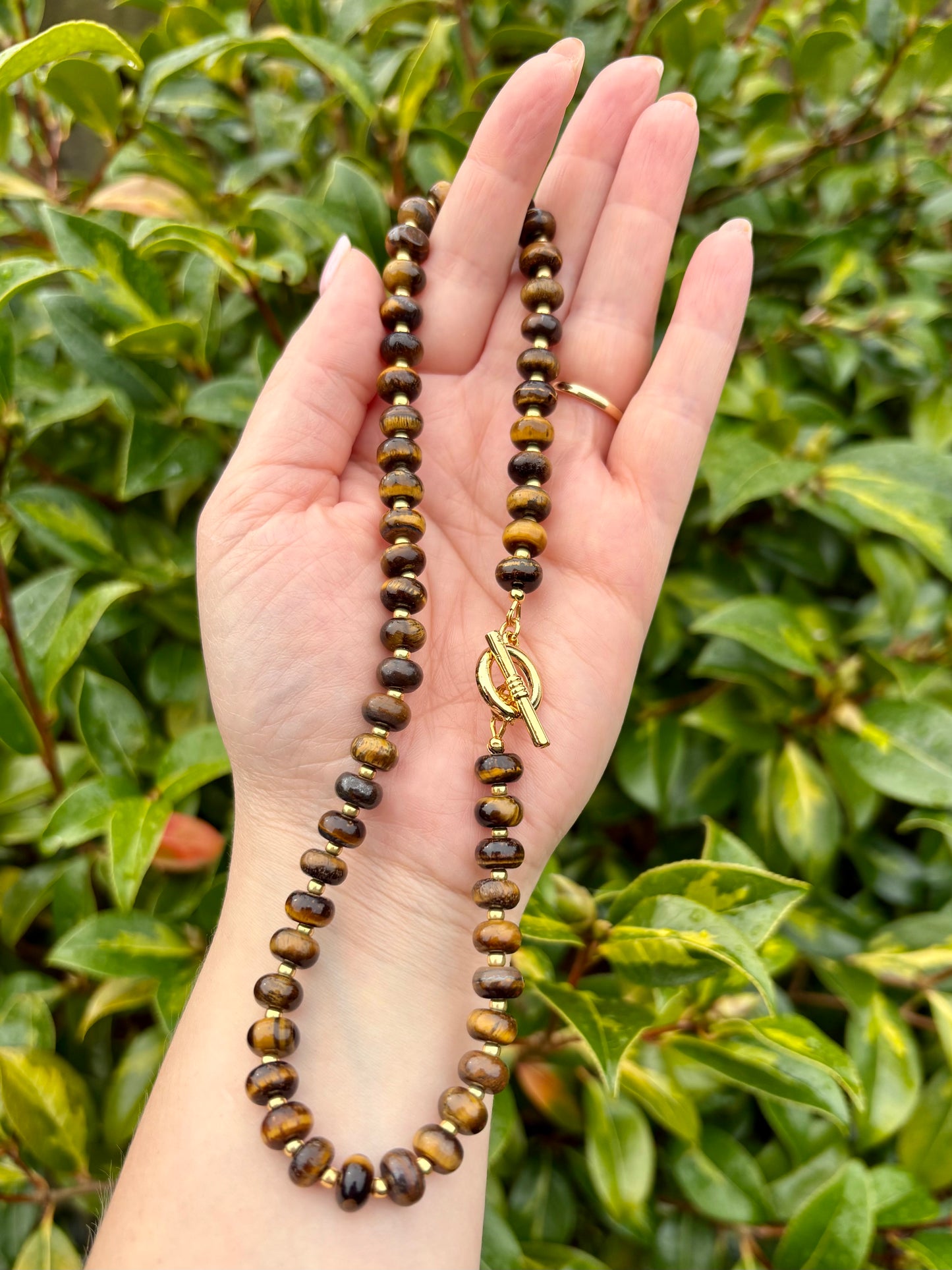 Tiger's Eye Rondelle Beaded Gemstone Necklace With Toggle Clasp - Gold-Plated