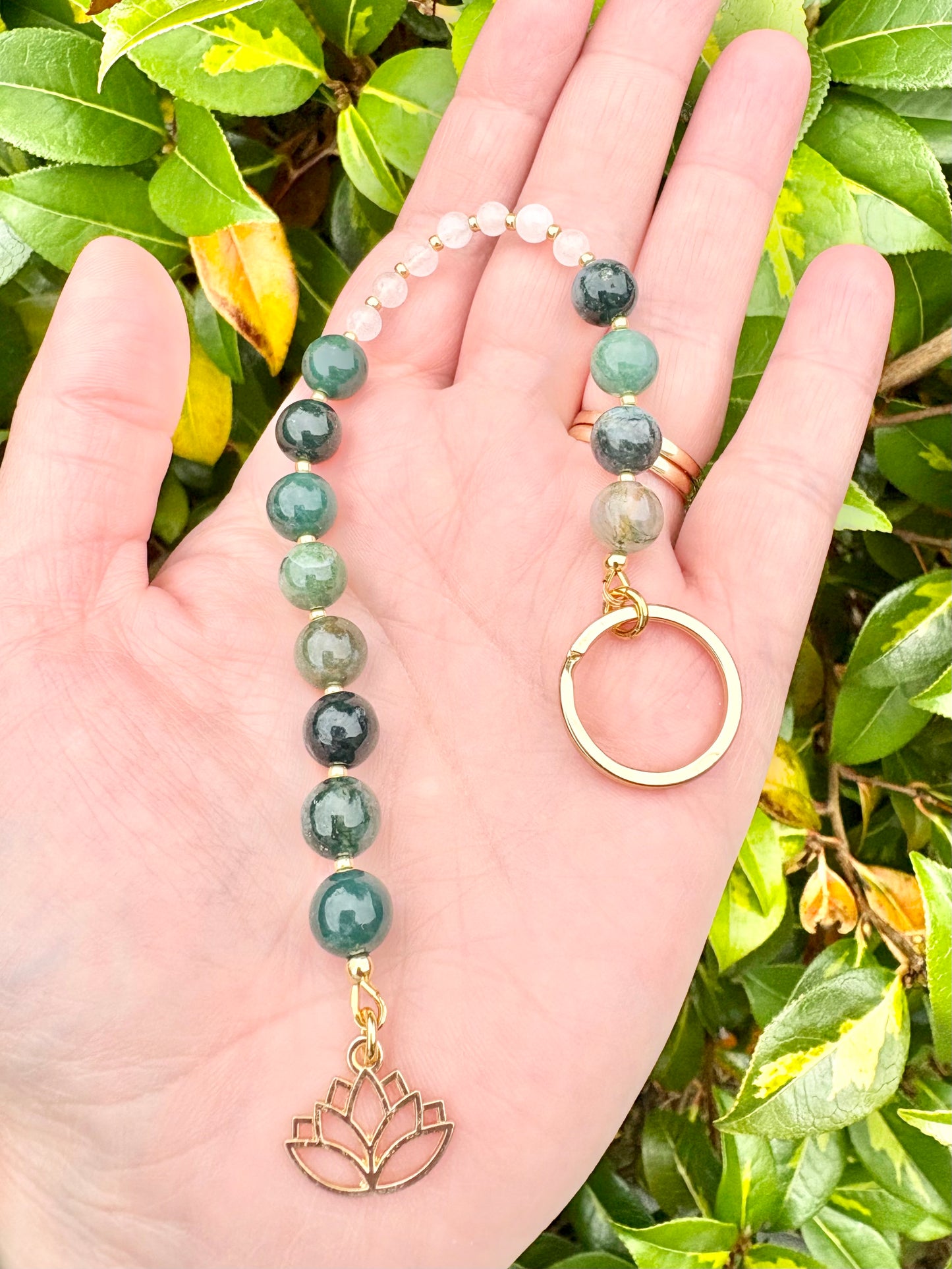 Breathing Beads Keyring - Green Moss Agate With White Jade