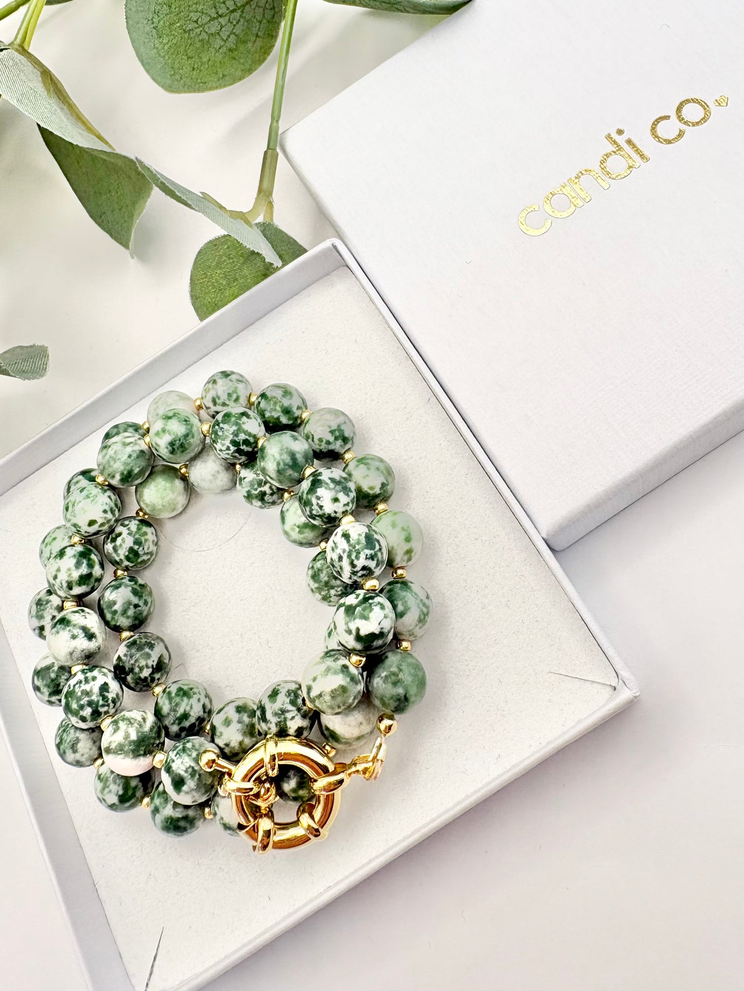 Green & White Camouflage Jasper Gemstone Necklace, Spring Clasp