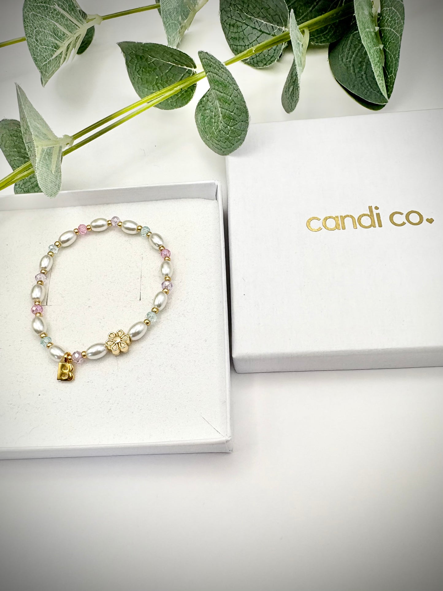 Personalised Glass Pearl & Crystal Flower Girl Bracelet Kids - Gold