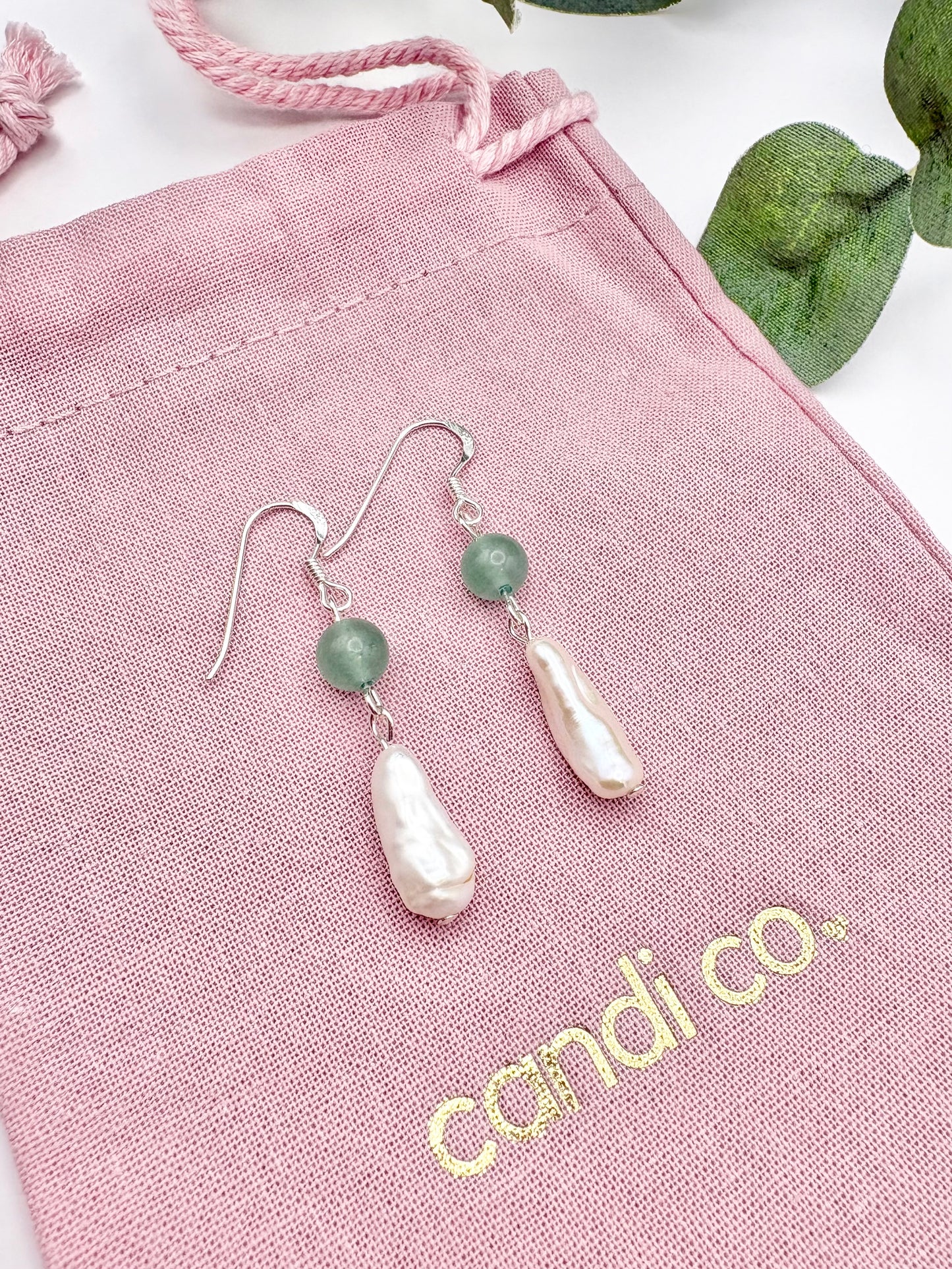 Freshwater Pearl and Green Aventurine Earrings – Sterling Silver