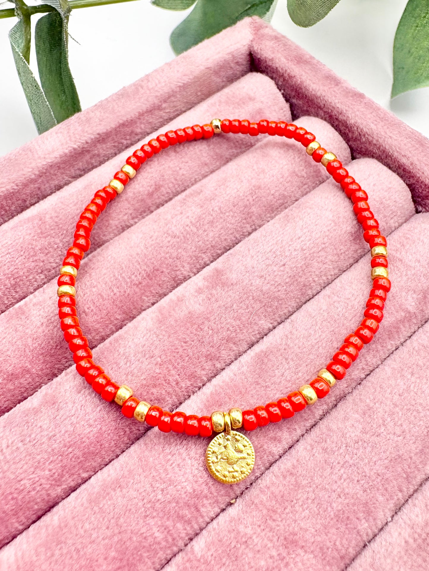 Boho Coin Seed Bead Bracelet - Red, Turquoise or White
