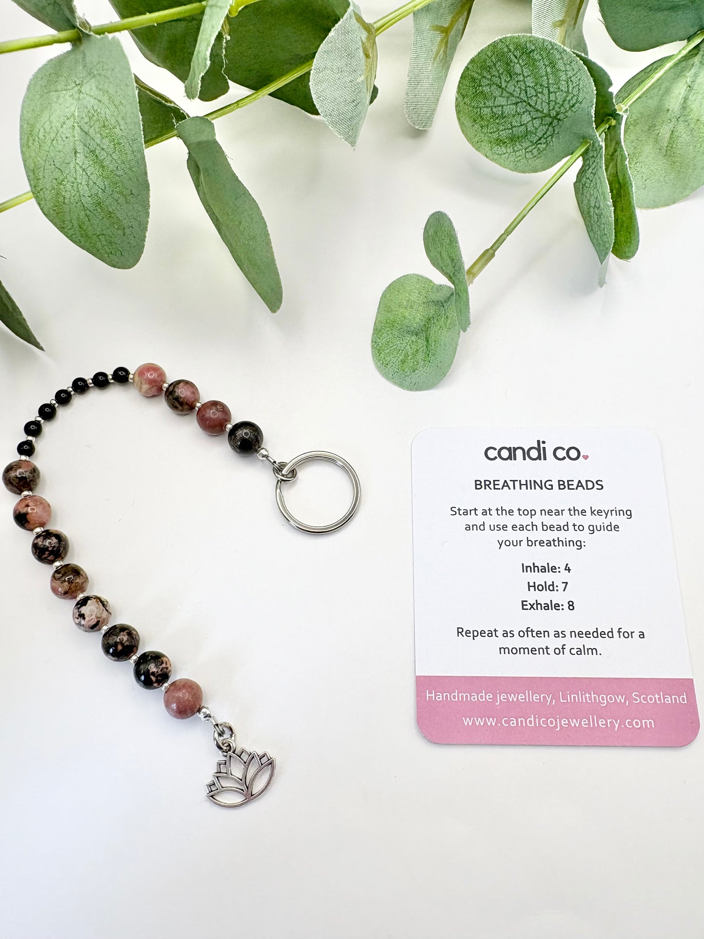 Breathing Beads Keyring - Rhodonite With Black Onyx