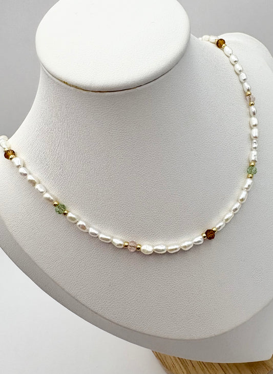 Dainty Freshwater Pearl & Crystal Beaded Necklace - Gold Filled or Plated