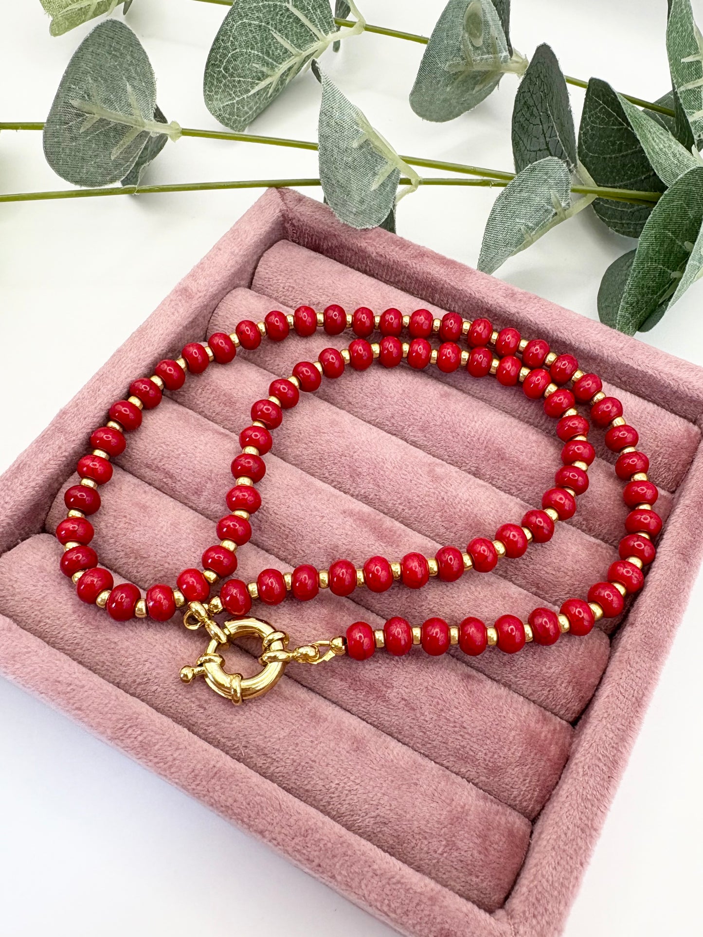 Red Howlite Beaded Necklace With Spring Clasp