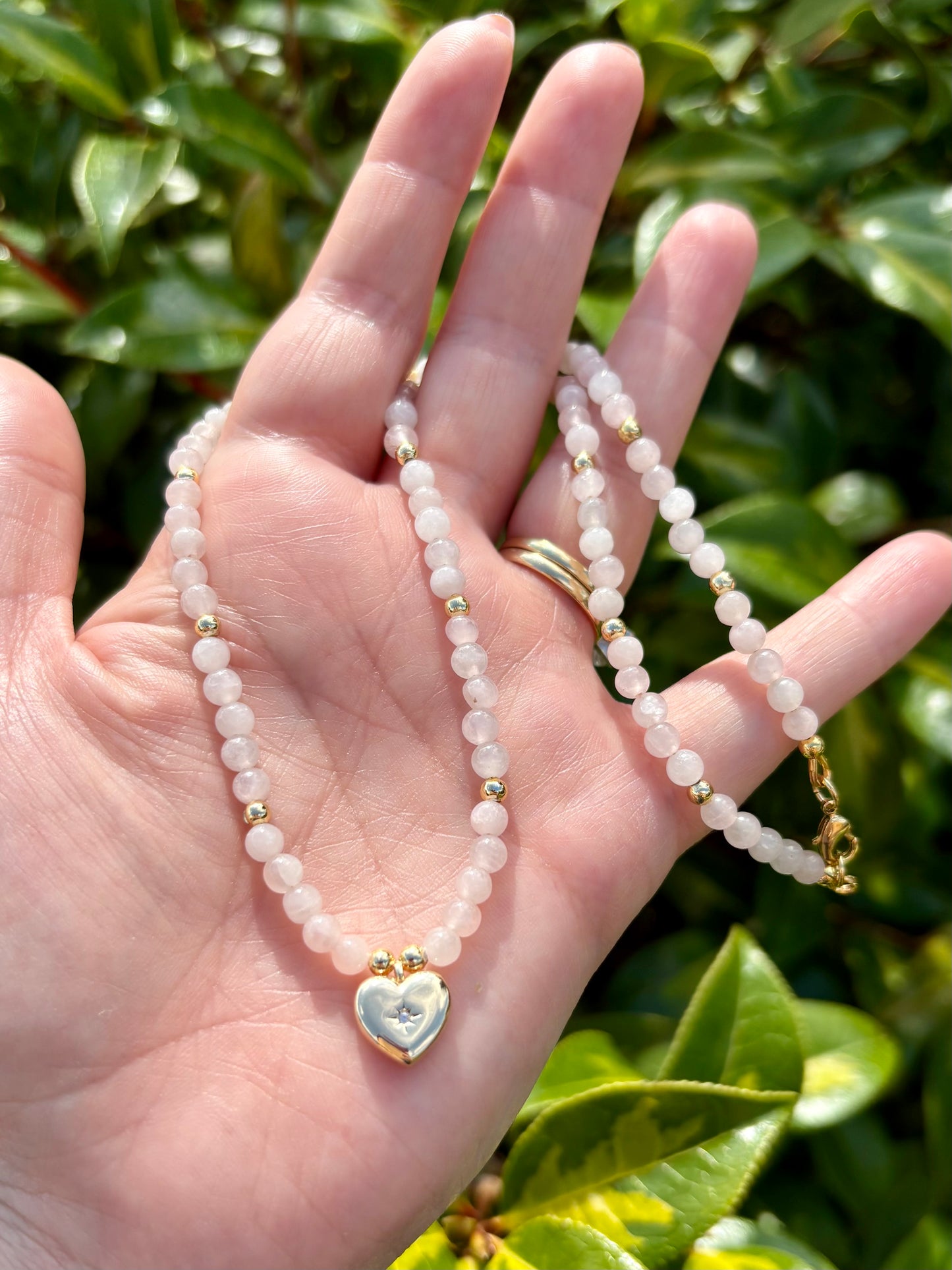 Rose Quartz Gemstone & Gold Heart Charm Necklace