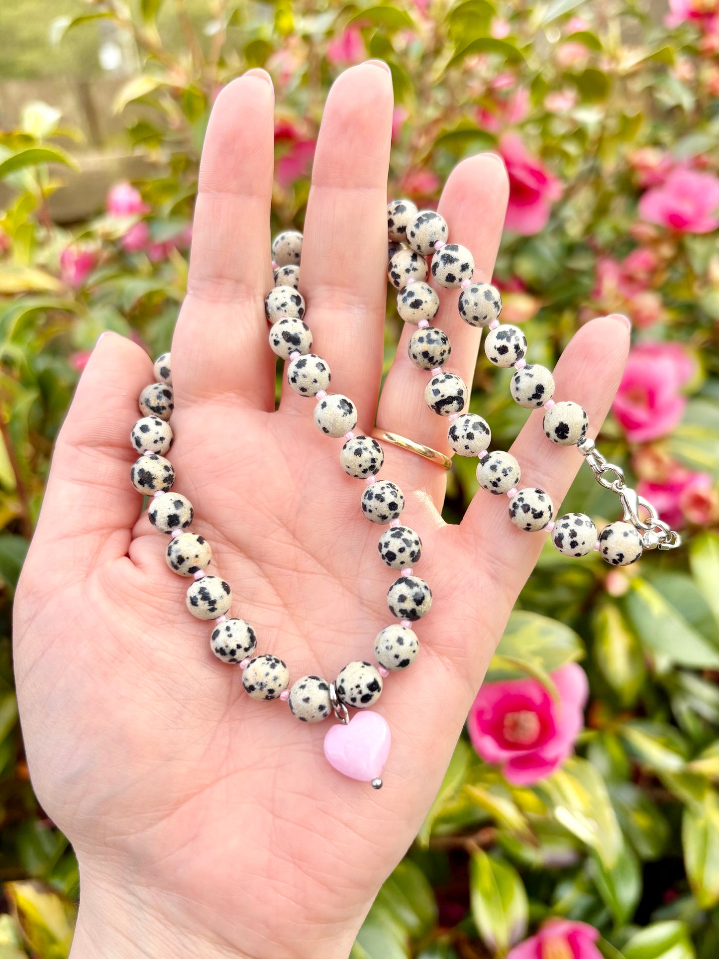 Dalmatian Jasper & Pink Heart Necklace