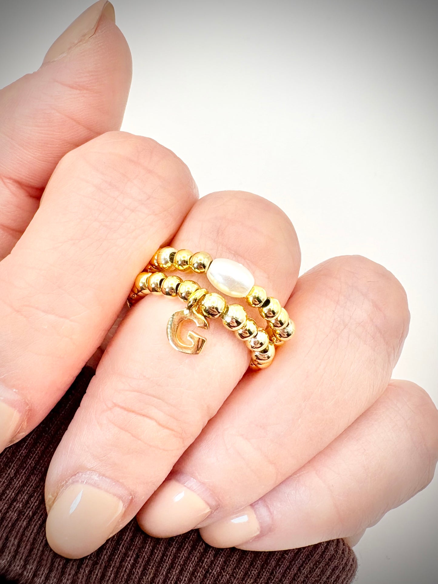 Beaded Stretch Ring with Initial - Gold or Silver-Plated