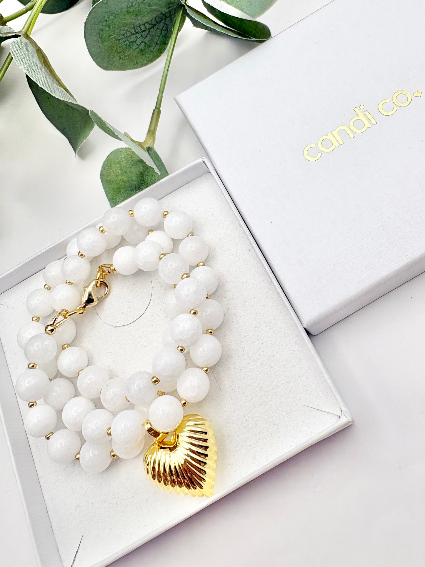 White Gemstone and Puffy Heart Pendant Necklace