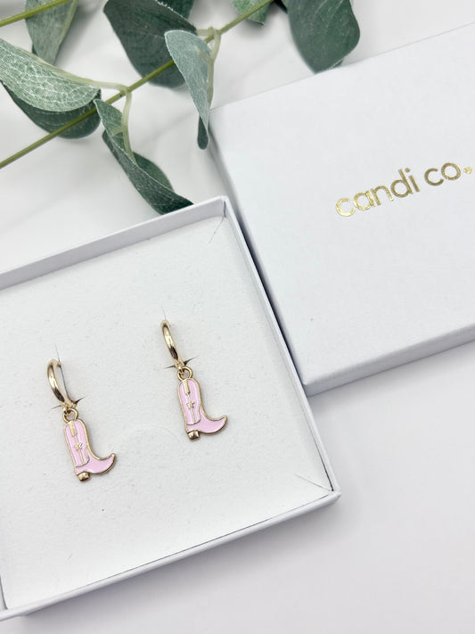 Pink enamel cowboy boot huggie hoop earrings - SALE