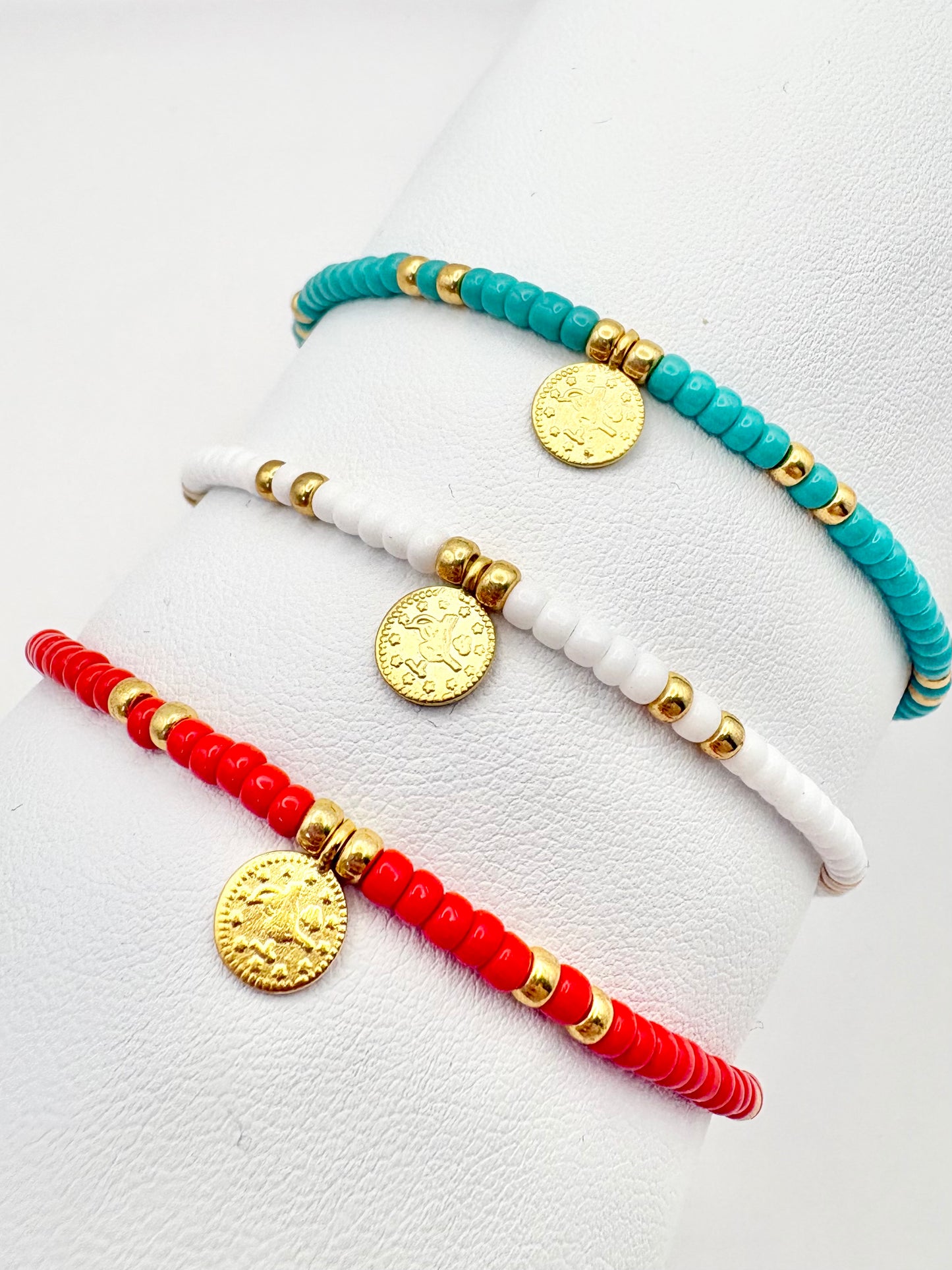 Boho Coin Seed Bead Bracelet - Red, Turquoise or White