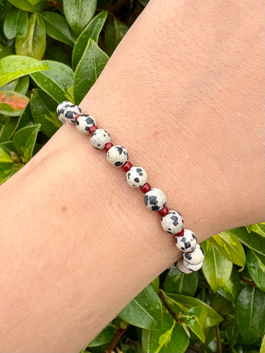 Dalmatian Jasper Gemstone and Burgundy Seed Beaded Bracelet