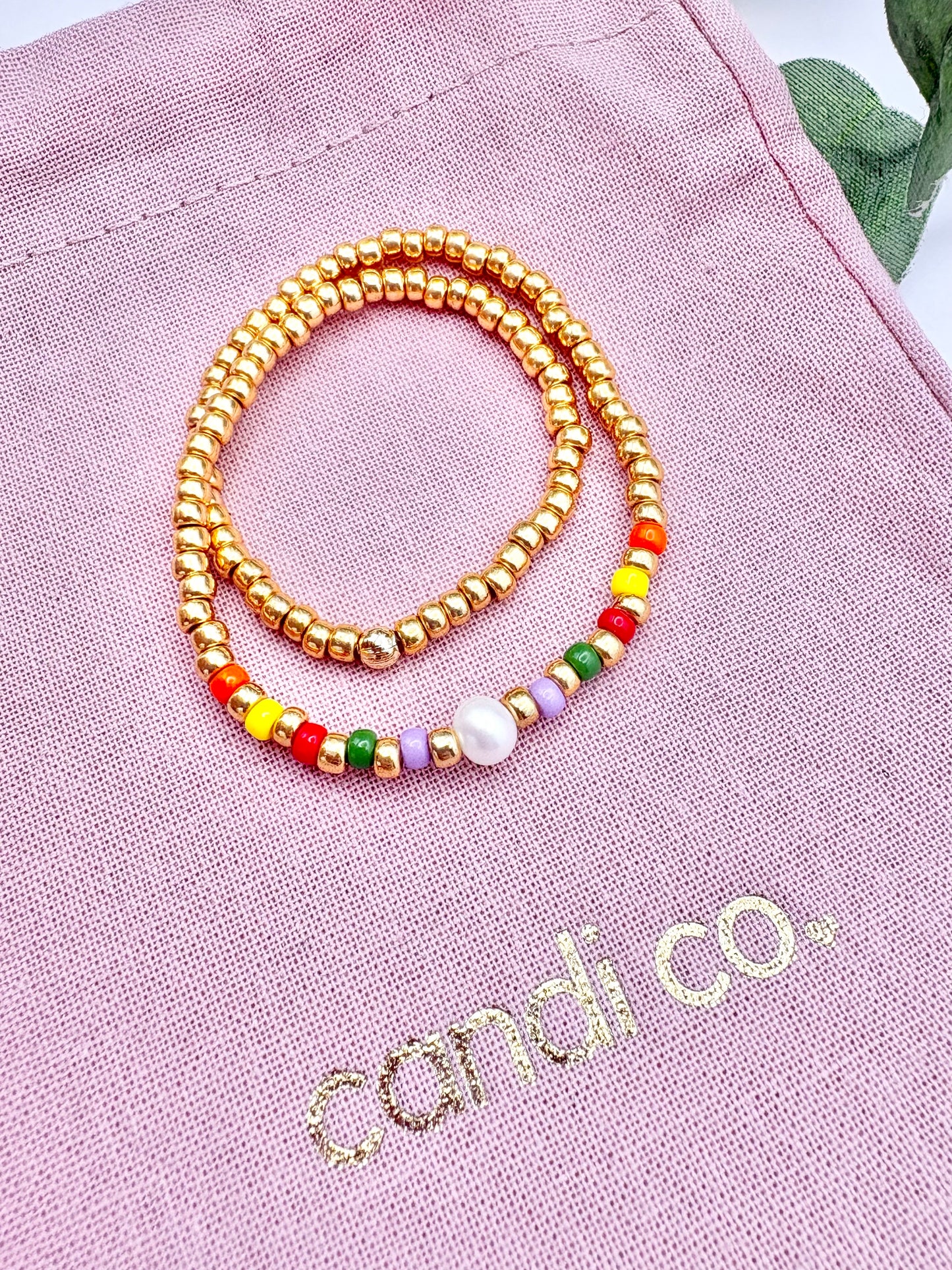 Colourful Seed Bead & Freshwater Pearl Anklet - Gold
