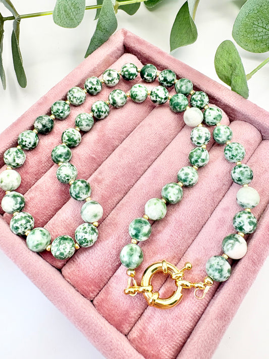 Green & White Camouflage Jasper Gemstone Necklace, Spring Clasp
