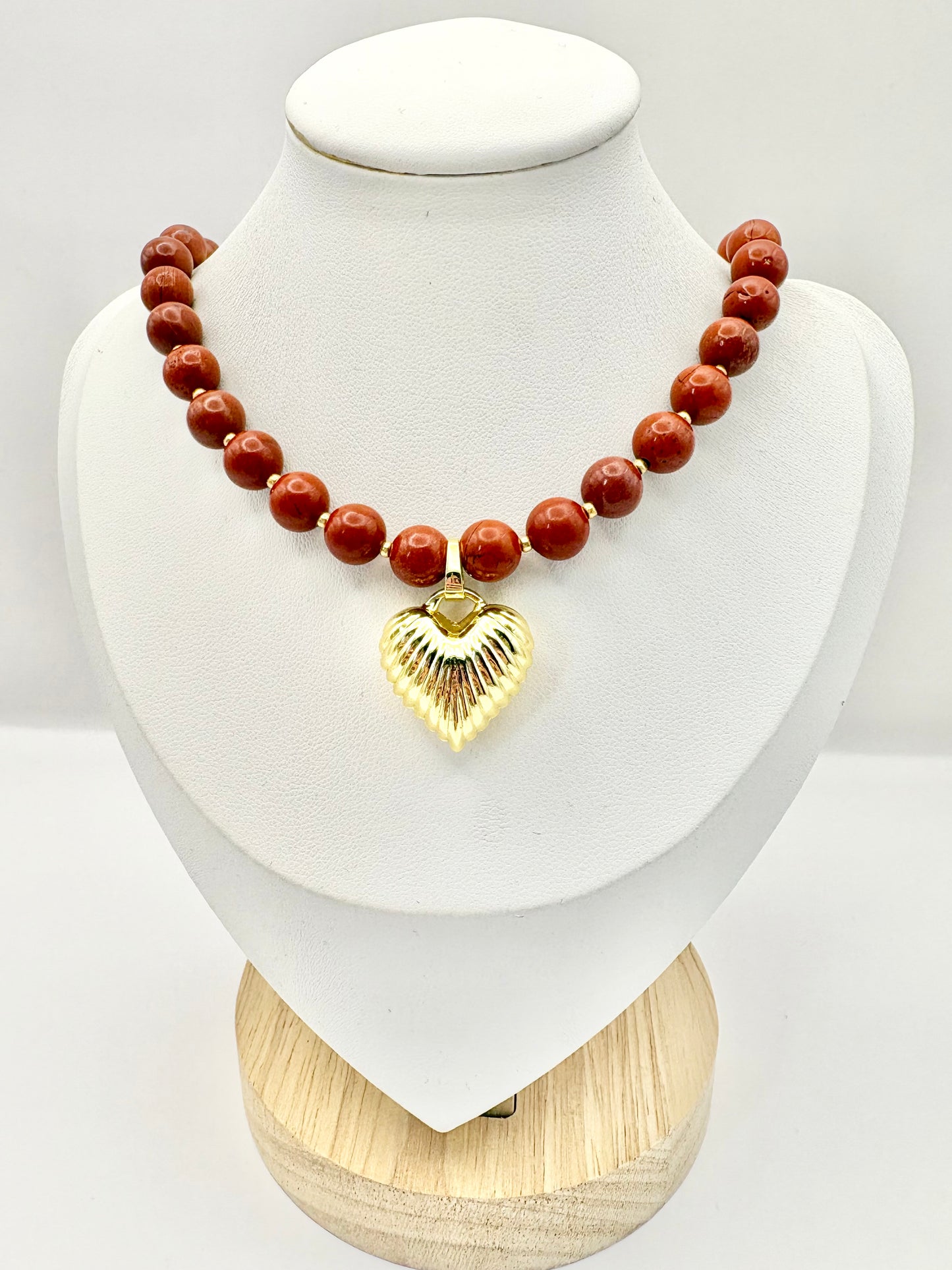 Red Gemstone and Puffy Heart Pendant Necklace