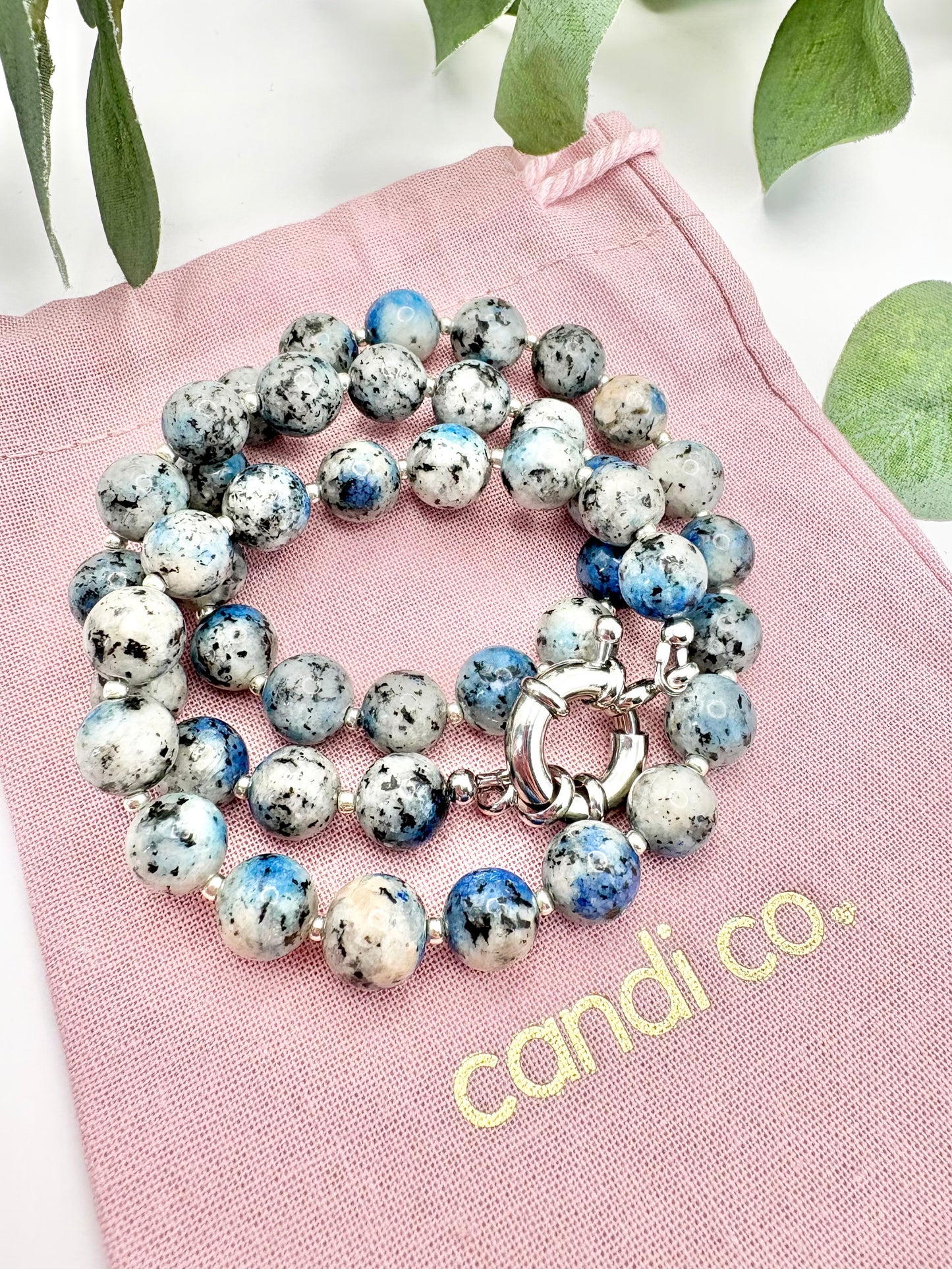 Grey and Blue K2 Raindrop Azurite Gemstone Necklace, Spring Clasp
