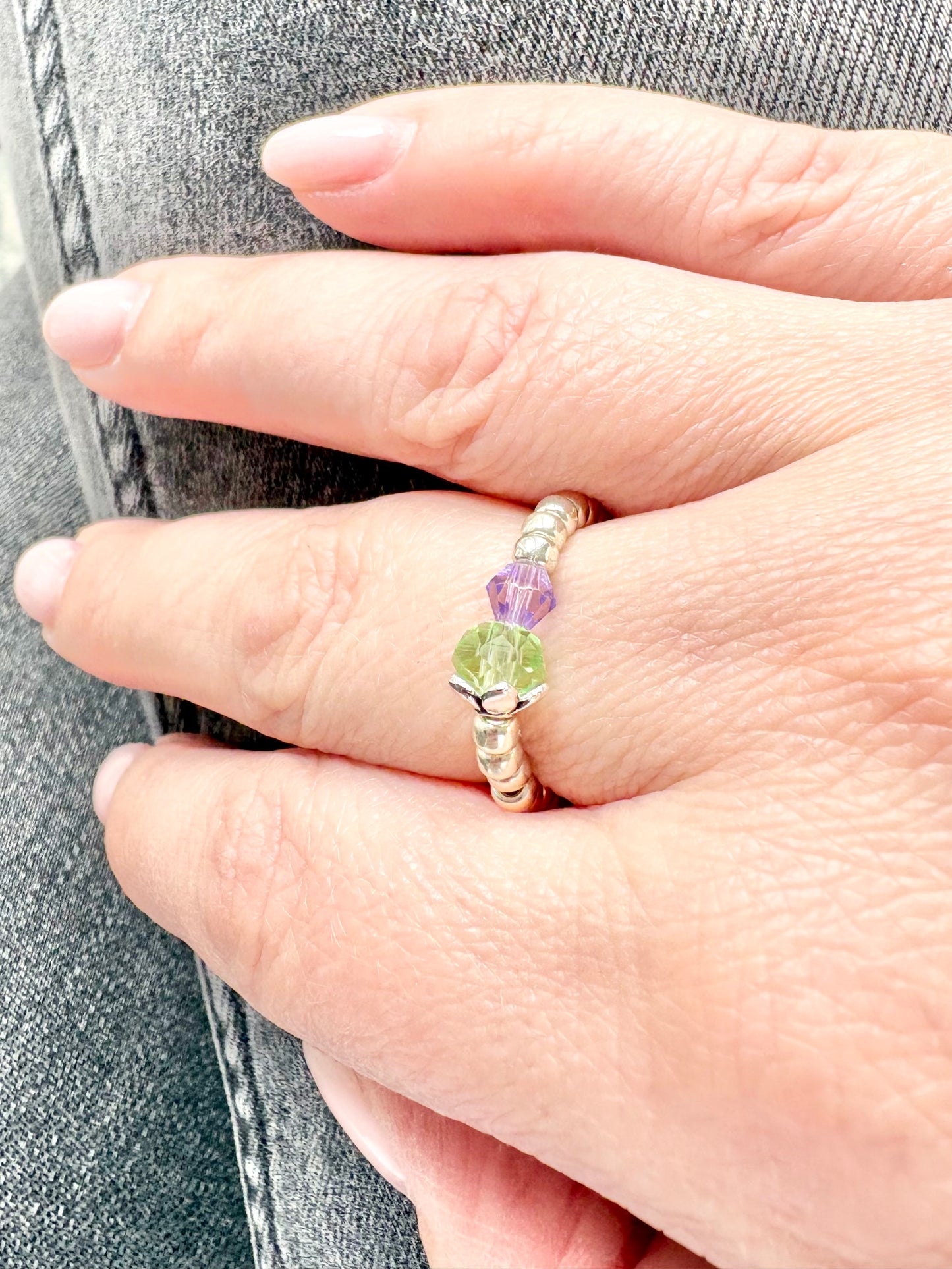 Thistle Seed Beaded Stretch Ring - Silver