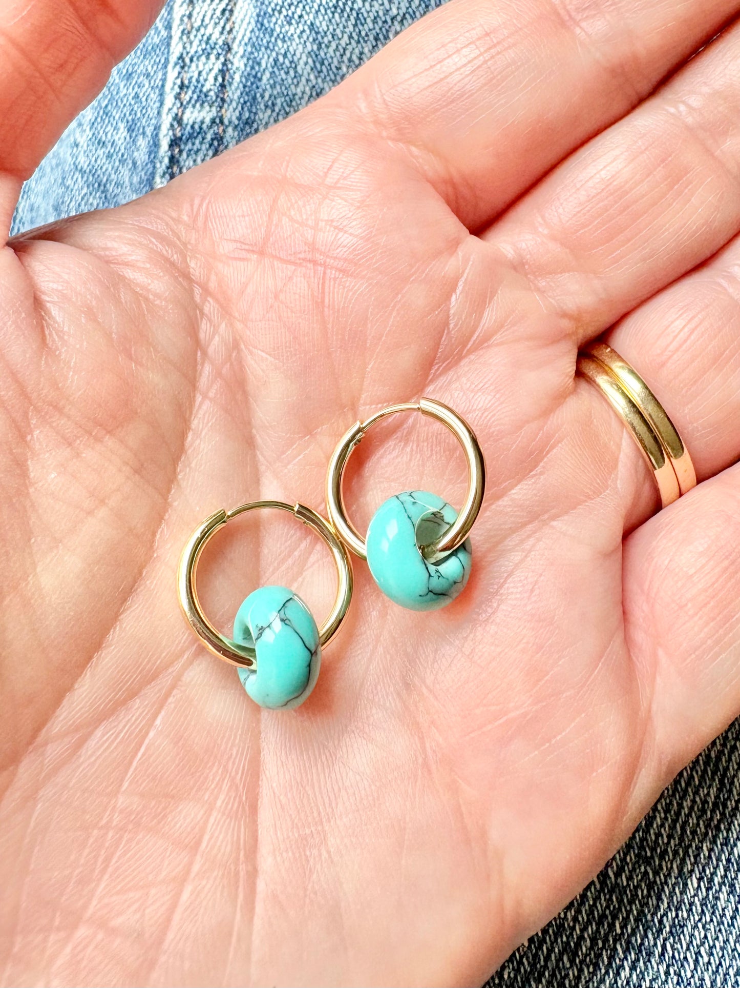 Turquoise Howlite Huggie Hoop Earrings - Stainless Steel