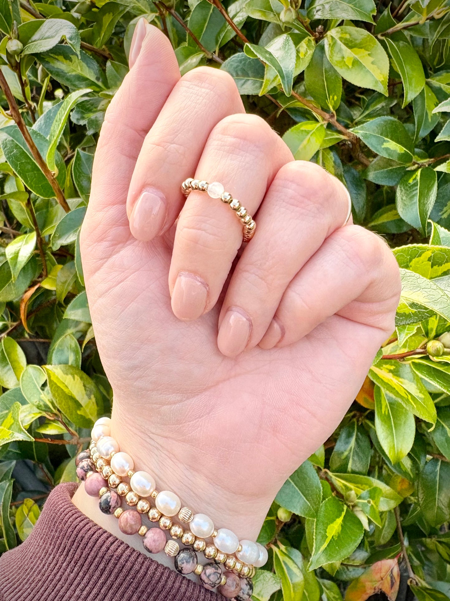 Luxe 14k Gold-filled 3mm Beaded Stretch Ring With Moonstone - Perfect For Stacking