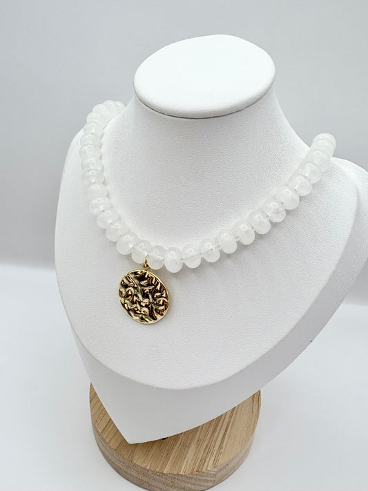 Cloudy Quartz Rondelle Gemstone Necklace With Disc Charm
