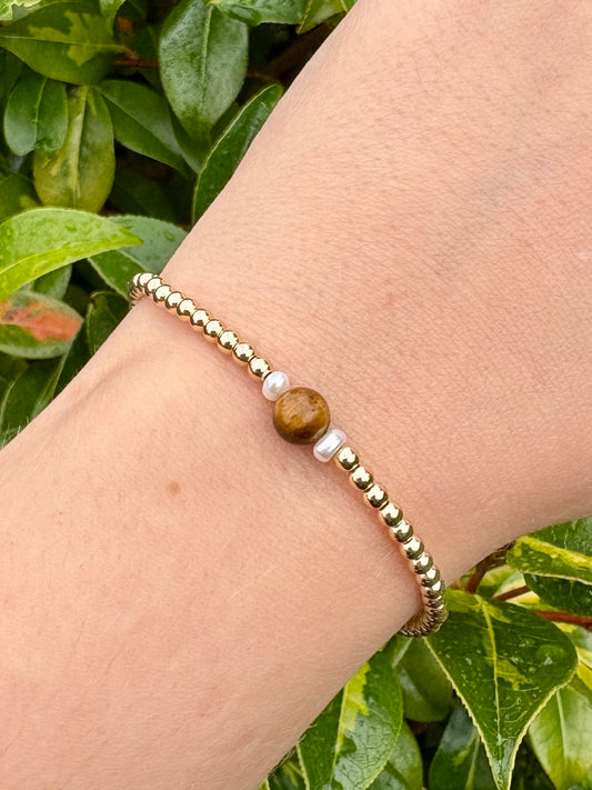 Tiger's Eye & Freshwater Pearl Bracelet - Gold-filled or Gold-plated