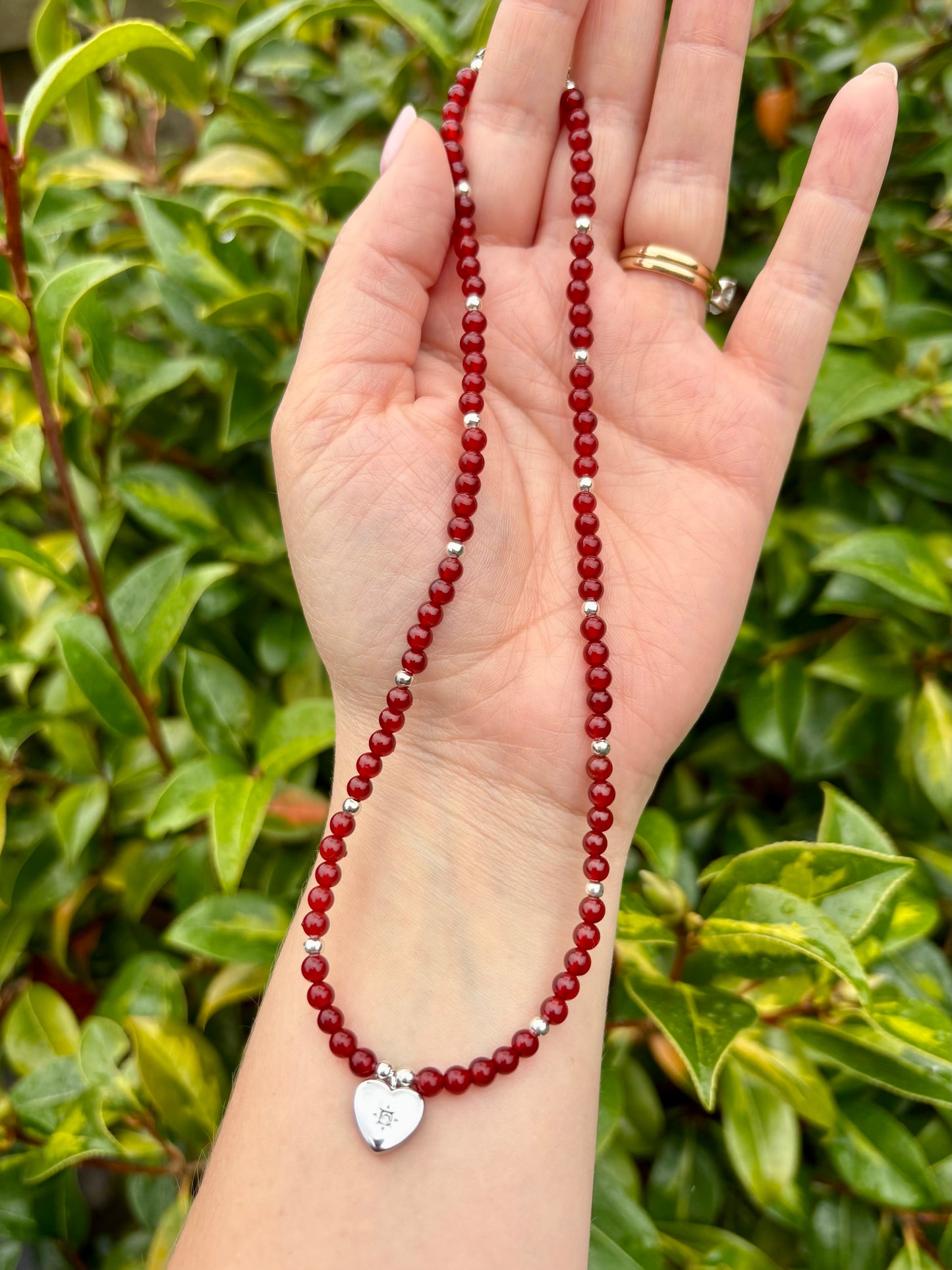 Carnelian Gemstone Necklace With Vintage Heart Charm - Silver-plated