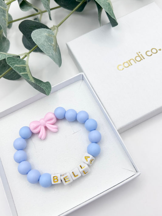 Beaded Bow Charm Personalised Name Bracelet Kids - Various
