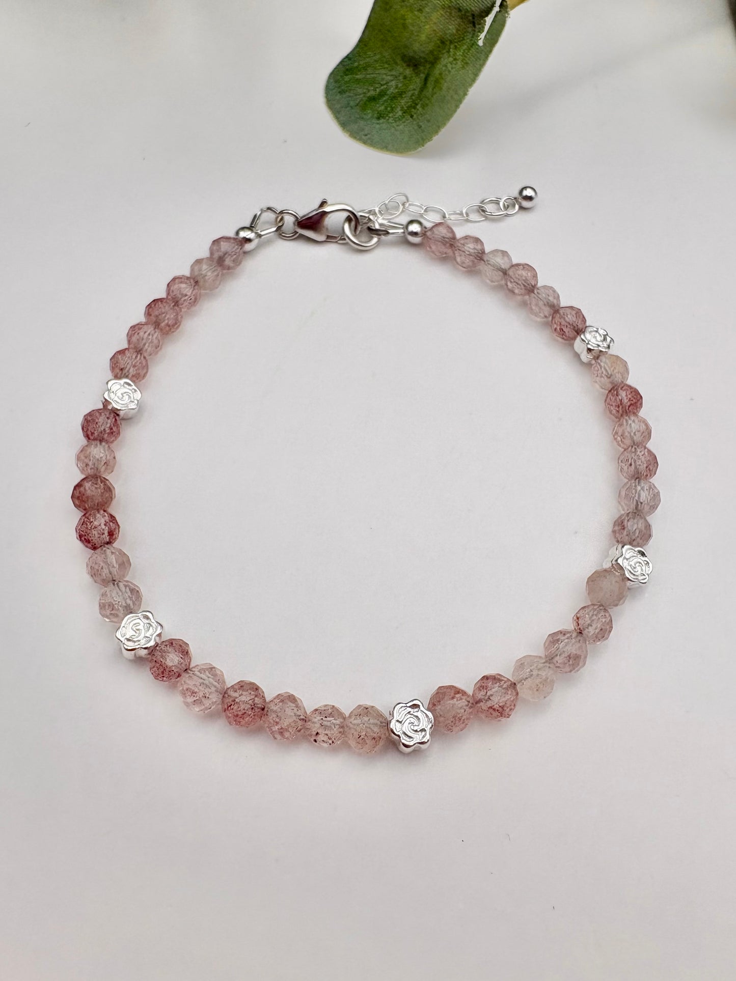Strawberry Quartz Bracelet with Rose Charms - Sterling Silver