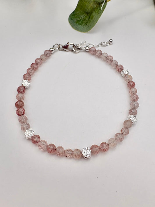 Strawberry Quartz Bracelet with Rose Charms - Sterling Silver