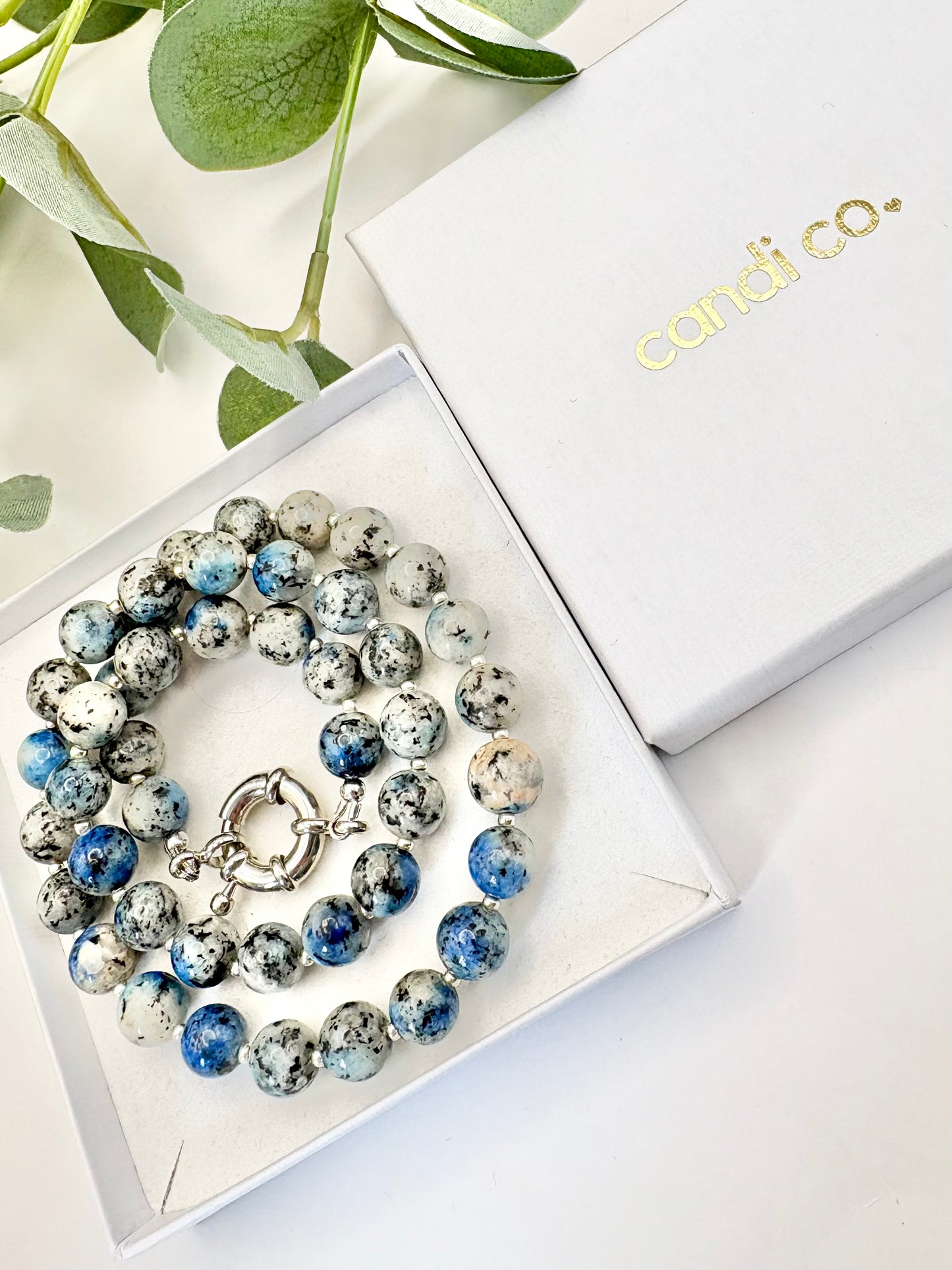 Grey and Blue K2 Raindrop Azurite Gemstone Necklace, Spring Clasp