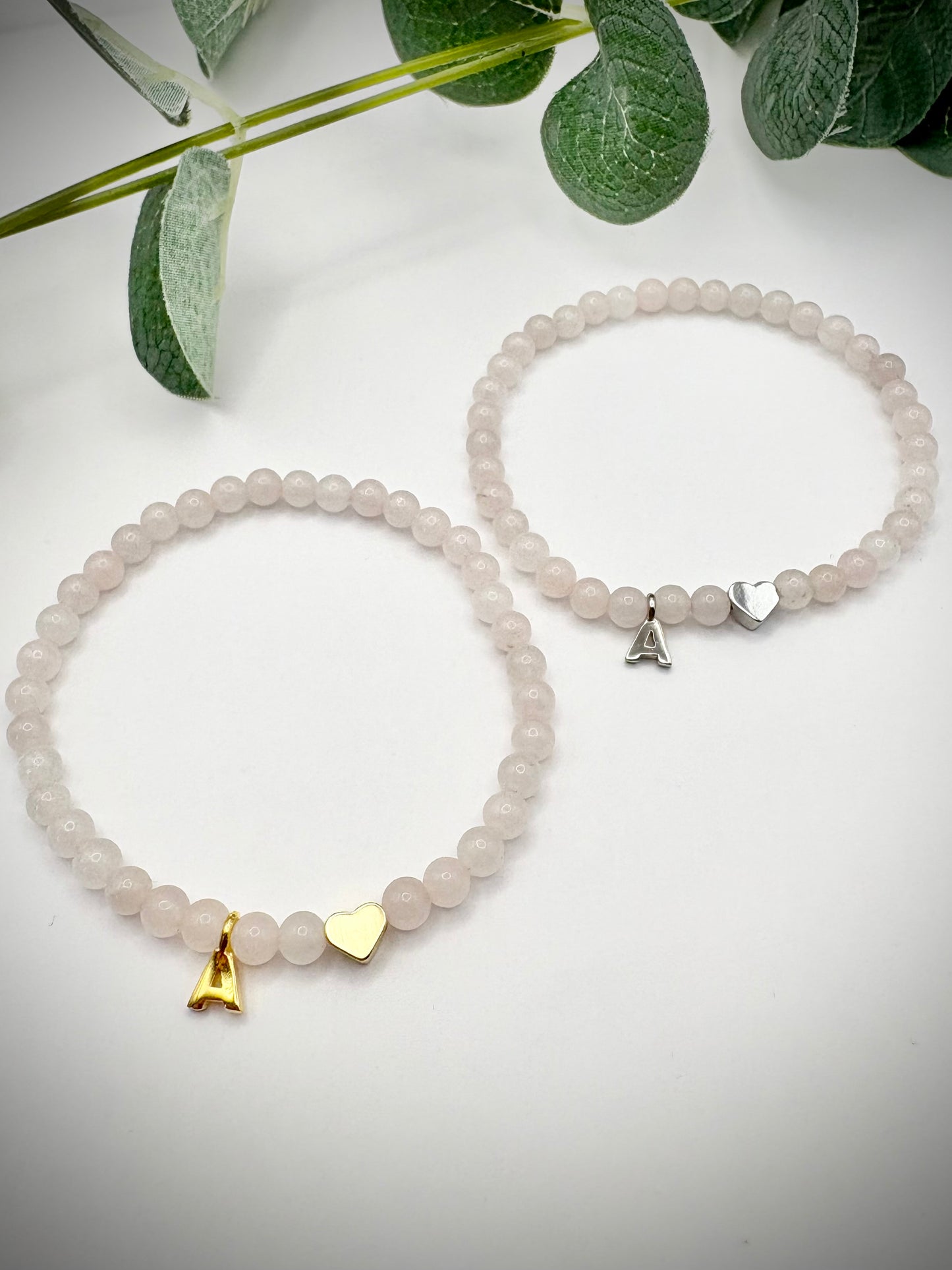 Handmade Rose Quartz Gemstone Bracelet with Initial and Heart Charm - Gold or Silver-Plated