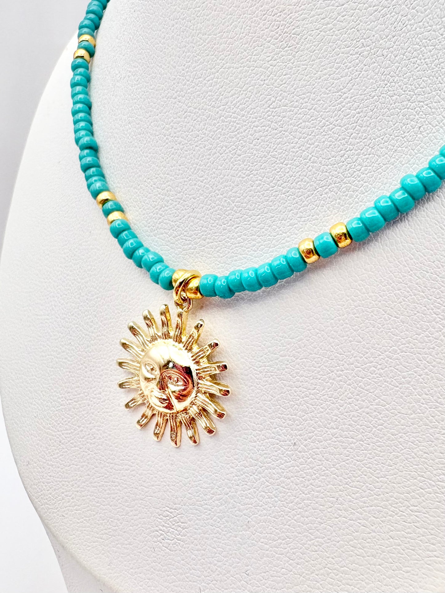 Seed Bead & Sunshine Pendant Necklace - Turquoise or Red