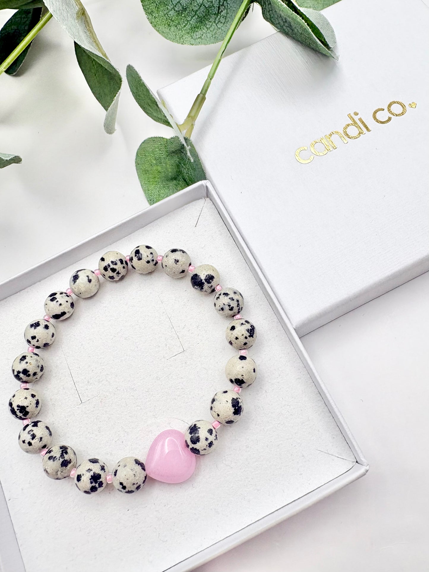 Dalmatian Jasper & Pink Heart Bracelet