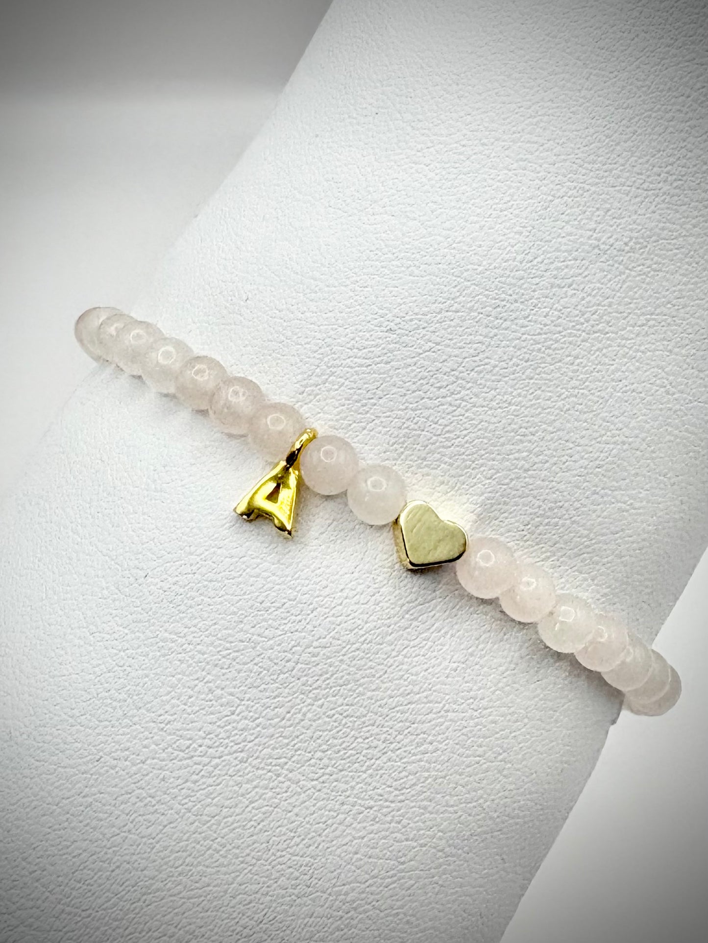 Handmade Rose Quartz Gemstone Bracelet with Initial and Heart Charm - Gold or Silver-Plated