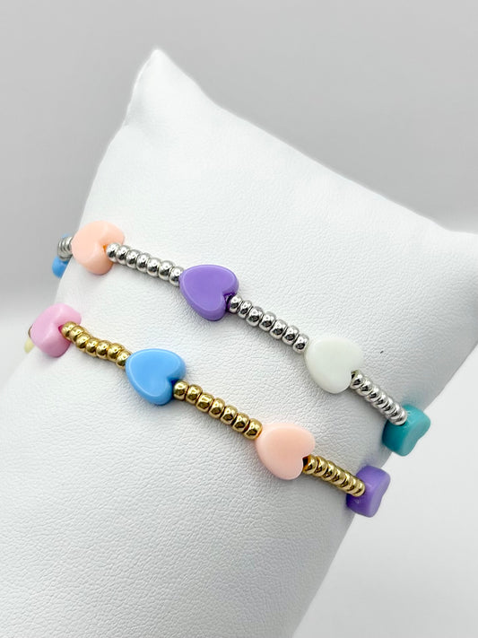 Pastel Heart Charm Seed Bead Bracelet Kids - Gold or Silver