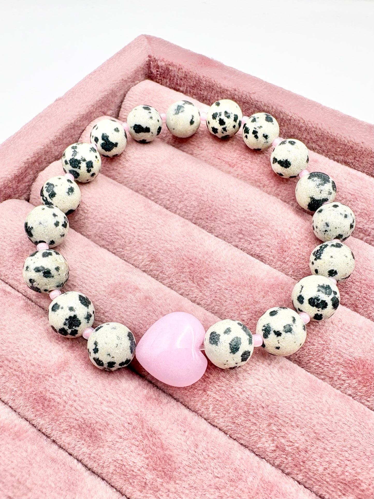 Dalmatian Jasper & Pink Heart Bracelet