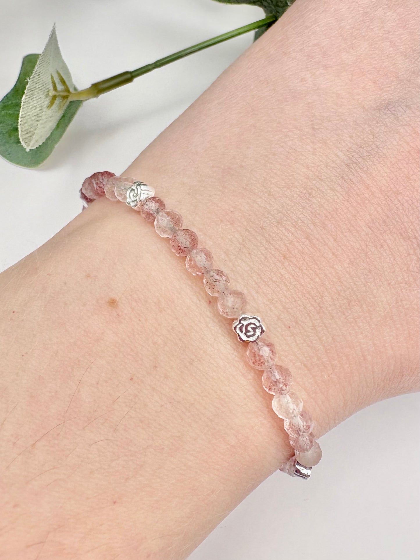 Strawberry Quartz Bracelet with Rose Charms - Sterling Silver