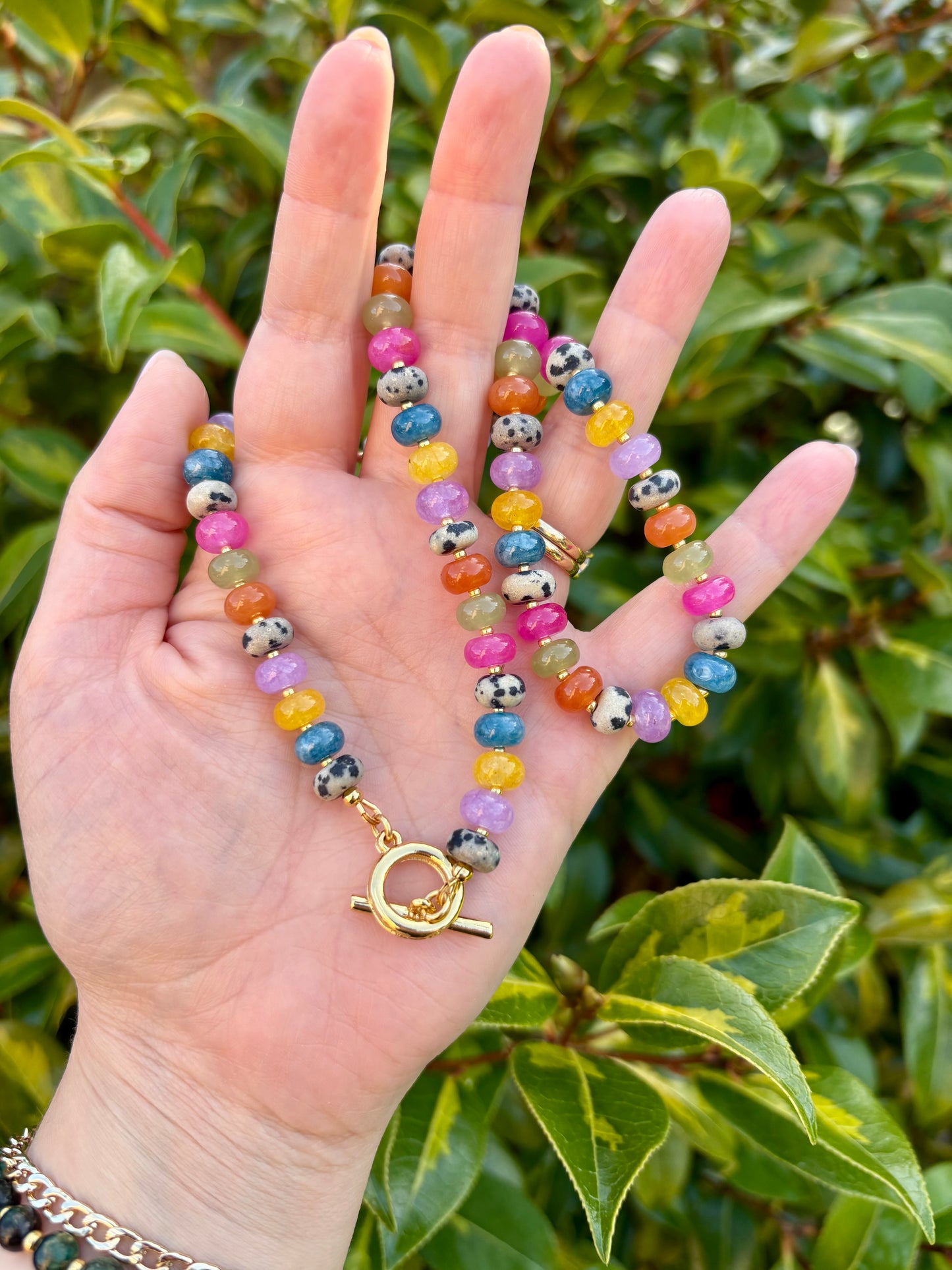 Rainbow Candy Gemstone Rondelle Beaded Toggle Clasp Necklace