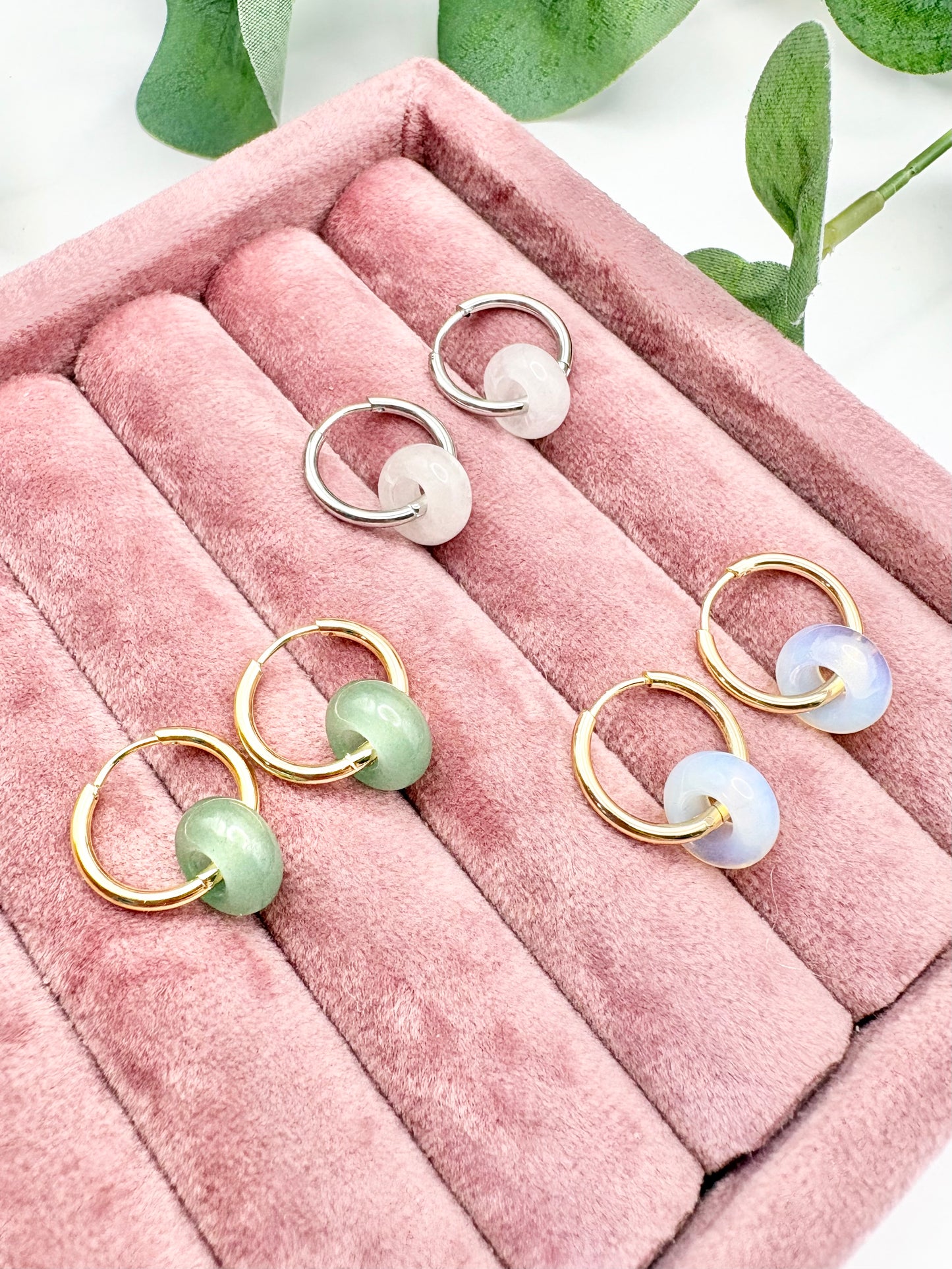 Spring Gemstone Huggie Hoop Earrings - Stainless Steel
