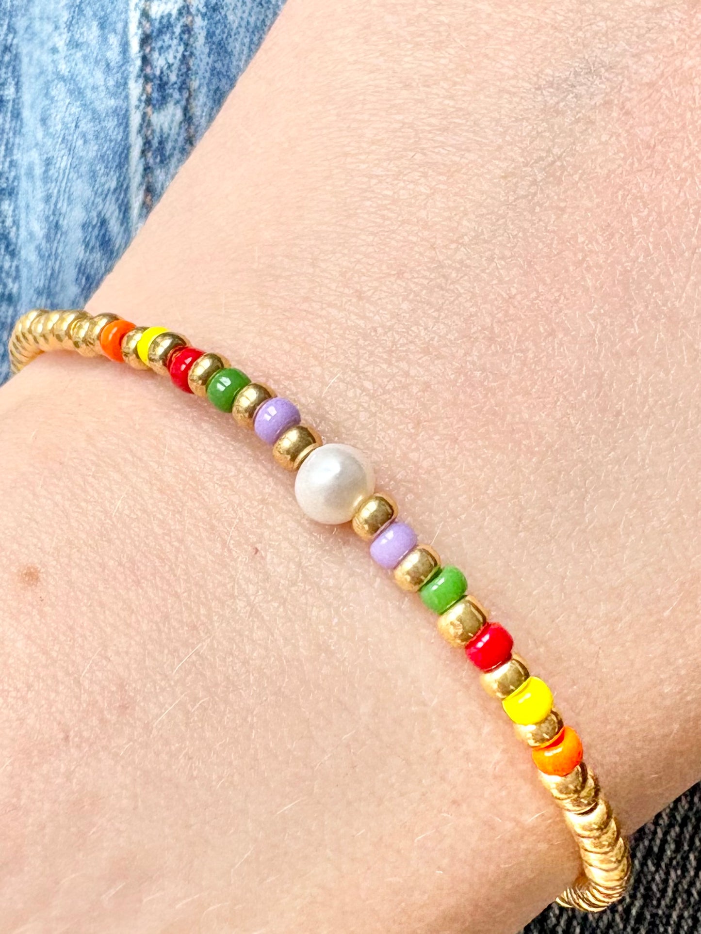 Colourful Seed Bead & Freshwater Pearl Bracelet - Gold