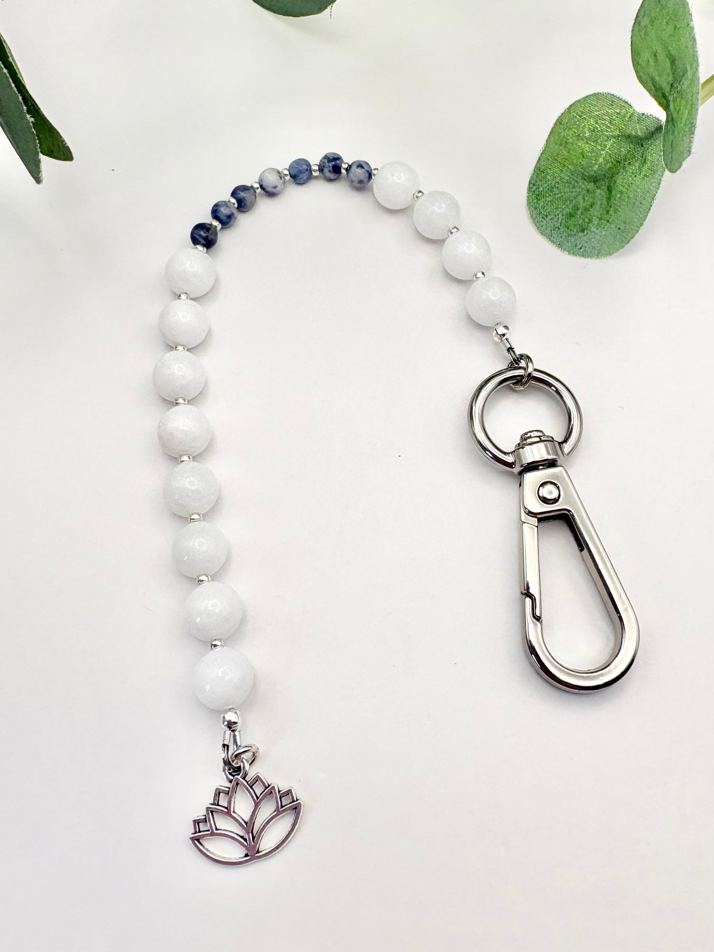 Breathing Beads Keyring - White Malaysian Jade with Blue Spot Jasper